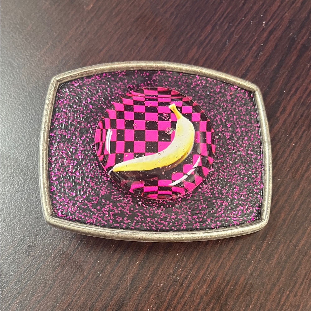 Barbie's Basement Jewellery Pink and Black Checkered Belt Buckle With Banana